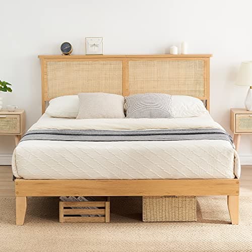 coucheta Rattan Bed Frame Full with Natural Rattan Headboard,Bohemian Rattan Bed Frame with LED Lights,Solid Wood Foundation with Silent Slats,No Box Spring Needed (Full) 5