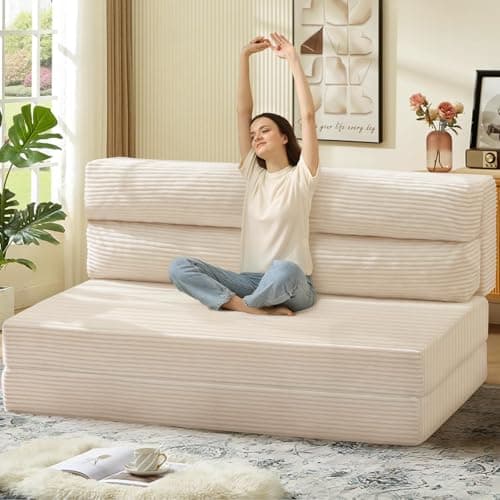JUIKURY Folding Sofa Bed, Convertible Sleeper Chair with Pilow Foldable Matress, 2 in 1 Pull Out Loveseat Sofa Portable Fold Out Chair Bed Floor Couch Lounge for Living Room Bedroom (Beige, Queen)