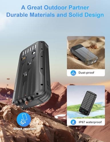 SOXONO Solar Charger Power Bank, PD 20W Fast Charging External Batter, 40000mAh Portable Phone Charger Built in 4 Cables with Dual Bright Flashlights for Camping, Hiking, and Outdoor Use (Black) 8