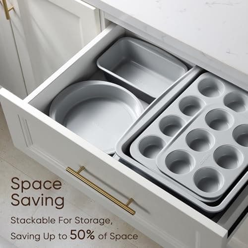 CAROTE 7-Piece Nonstick Stackable Baking Pans Set - Bakeware Sets Including Cookie Sheets for Baking, Muffin Pan, Bread Pan, Cake pan, Loaf Pan, Roasting Pan, Gray & Blue 7