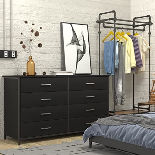 IKENO 8 Drawer Dresser for Bedroom, Industrial Wood Dresser Wide 8 Chest of Drawers, Wooden Storage Organizer Dresser with Sturdy Steel Frame (Black) 4