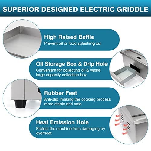 IRONWALLS Commercial Electric Griddle 22”, 3000W Electric Flat Top Griddle Grill Indoor with 122~572℉ Adjustable Temperature Control, Non-stick Stainless Steel Teppanyaki Grill for Restaurant, Hotel 6