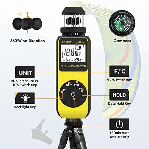 AIOMEST Handheld Wind Cup Anemometer with Direction, Digital Wind Speed Meter Gauge Measure 1.5~93MPH Air Flow Velocity, Wind Temp for Outdoor Hunting Shooting Drone Surfing HVAC - AI-881M 5