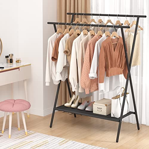 Laiensia Double Rods Clothing Racks for Hanging Clothes,Portable Clothing Hanging Garment Rack with Bottom Oxford Cloth Shelves,Black 5