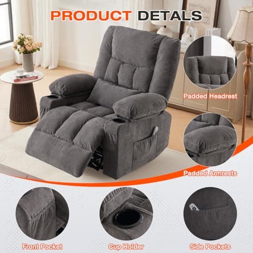 Swivel Recliner Chair for Adults,Oversized Rocker Recliner with Vibration Massage and Lumbar Heat,Ergonomic Rocking Chair with Side Pocket,2 Cup Holders,USB Charge Port for Living Room 6