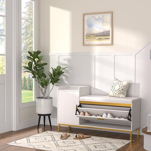 VECELO Shoe Storage Bench with Flip Drawers for Entryway, 2-Tier Shoe Rack Organizer with Removable Seat Cushion for Bedroom, Hallway, Living Room, Slim, White 6
