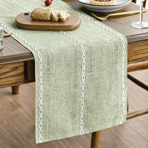 Artoid Mode Sage Green Rustic Cotton Linen Table Runner, Seasonal Embroidered Hollow Kitchen Dining Table Decoration for Home Party Decor 13x72 Inch