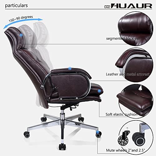 HUAUR Genuine Leather Modern Executive Chair High-Back Support 90 to 150 Degrees Tilt and Upholstered Home Desk Chair with Base 360LB Capacity Swivel Computer Office Chair (Brown) 5