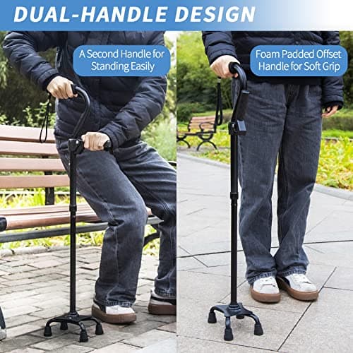 Adjustable Walking Cane for Men & Women with 4-Pronged Base for Extra Stability - Foldable Cane for Seniors with Foam Padded Offset Handle for Soft Grip & a Second Handle for Standing Black 6