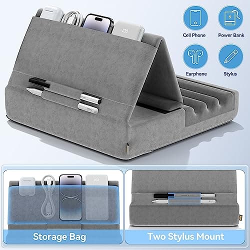 KDD Tablet Pillow Holder, Foldable iPad Stand for Lap, Bed and Desk -Tablet Soft Pad Dock with Pocket & Stylus Mount Compatible with iPad Pro 12.9, 10.5, 9.7 Air Mini 6 5 4 3, Galaxy Tab, E-Reader 5