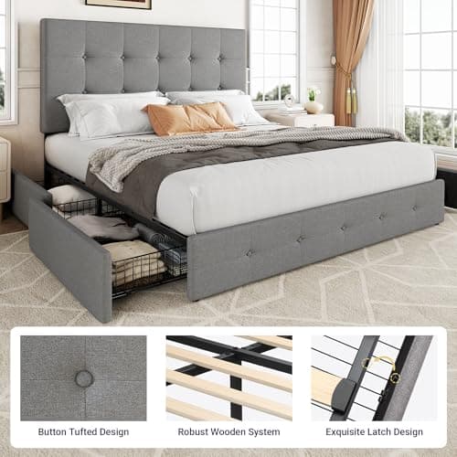 Allewie Upholstered Queen Size Platform Bed Frame with 4 Storage Drawers and Headboard, Square Stitched Button Tufted, Mattress Foundation with Wooden Slats Support, No Box Spring Needed, Light Grey 6