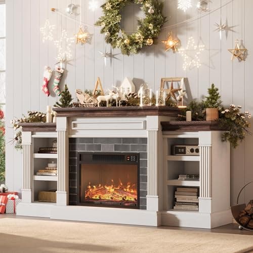 IDEALHOUSE 71 Inch Electric Fireplace with Matal, Fireplace TV Stand for TV Up to 80", Entertainment Center with Storage, Realistic Stacked Stone Surround with Remote Control and 3d Flame, White+Brown