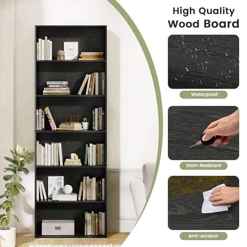 GRUSIGN 71" Tall 6-Tier Bookshelf, Large Open Display Bookcase with Ample Storage, Floor Standing Book Shelf for Living Room, Home Office, Bed Room, Black 5
