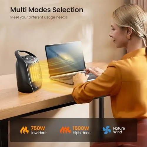 Kismile Small Electric Space Heater Ceramic Space Heater,Portable Heater Fan for Office with Adjustable Thermostat and Overheat Protection ETL Listed for Kitchen, 750W/1500W(Black) 5