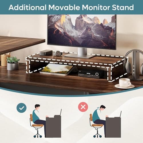 Bestier L Shaped Standing Desk with Lift Top, 55" x 55" Standing Corner Desk for Home Office, Computer Desk with Reversible File Drawer and Monitor Stand, Walnut 8