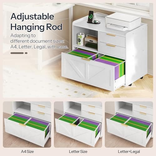 HOOBRO Lateral File Cabinet, Wooden Office Storage Drawers with Charging Station, Filing Cabinet for Home Office, A4/Letter/Legal-Sized Files, Printer Stand with Open Storage Spaces, White WT37UWJ01 5