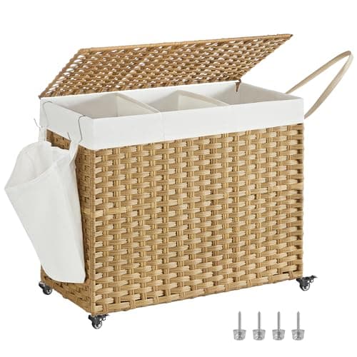 SONGMICS Laundry Hamper with Lid, 42.3 Gallons (160 L), Rolling Laundry Basket with Wheels, 3-Section Synthetic Rattan, Removable Liner, Bedroom, 29.9 x 13 x 26 Inches, Natural ULCB365N01