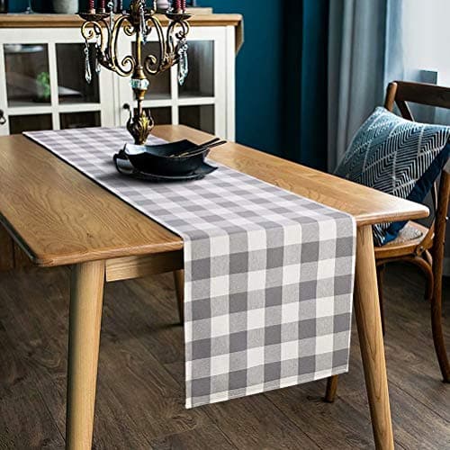 LONG WAY 100% Cotton Dining Table Runner-13 by 72 inches,Buffalo Check Table Runner Machine Washable Everyday Table Décor (Grey)