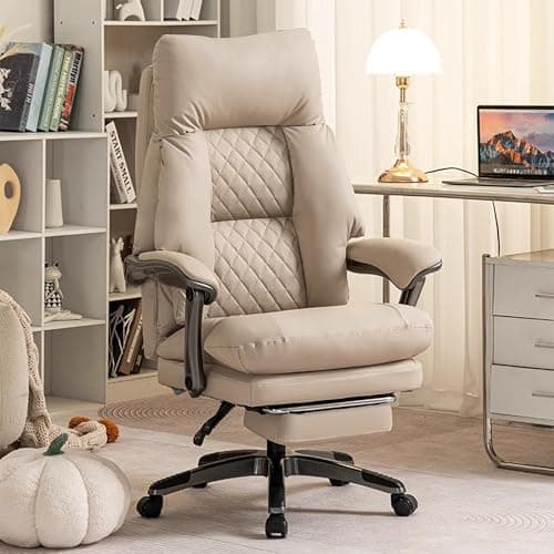 lanoke Henry Massage Office Chair with Heating Ventilation for Heavy Duty,Leather Recliner Executive Desk Chair (Beige)