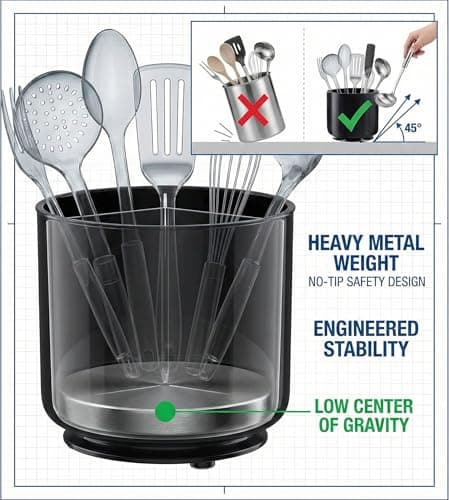 Cooler Kitchen Jumbo Extra Large Sturdy Rotating Black Utensil Holder Caddy with No-Tip Weighted Base, and Gripped Insert - Rust Proof and Dishwasher Safe Kitchen Utensils Holder 7