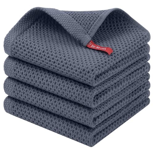 Homaxy 100% Cotton Waffle Weave Kitchen Dish Cloths, 4-Pack Ultra Soft Absorbent Dish Towels, Quick Drying Dish Rags, 12 x 12 Inches, Dark Grey
