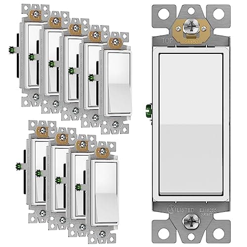 ENERLITES Decorator Paddle Rocker Light Switch, Gloss Finish, Single Pole, 3 Wire, Grounding Screw, Residential Grade, 15A 120V/277V, UL Listed, 91150-W-10PCS, White (10 Pack)