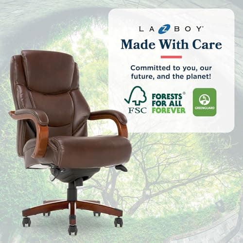 La-Z-Boy Delano Big and Tall Executive Office Chair - Ergonomic Lumbar Support Memory Foam - Bonded Leather Desk Chair for Home Office - Mahogany Wood Arms - Chestnut Brown 14