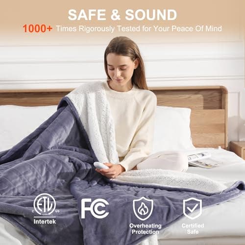 Heating Blankets Heated Throw 50''X60'' - Purple Heated Blanket Flannel Sherpa Double Sided Electric Blanket with 5 Heat Settings & 4 Hours Auto-Off, Small Electric Throw for Grandma Gifts(Lavender) 5