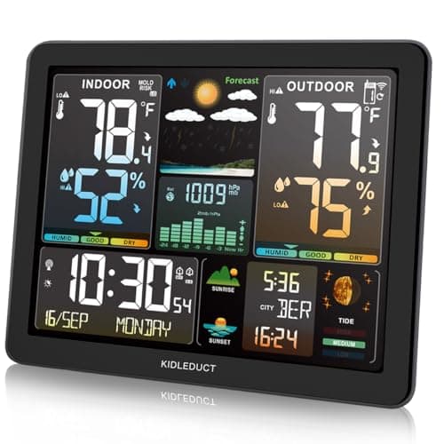 KIDLEDUCT Weather Station Wireless Indoor Outdoor Thermometer, 8.5" Large Color Atomic Clock with Sunrise Sunset Time, 5 Levels of Backlight, Weather Forecast/Barometer Run Chart, Moon Phase, Tide