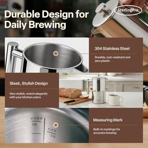 SterlingPro Stainless Steel French Press Coffee Maker 1.75 L (59 oz) Mirror – Double Walled Insulated Extra Large French Press, Durable Design Keeps Drinks Hot, Easy to Use and Clean for Rich Flavor 6
