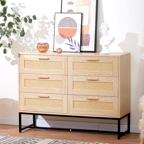 CCF Rattan Dresser 6 Drawer Dresser for Bedroom Mid Century Modern Dresser Natural Rattan Chest of Drawer Light Wood Dresser Boho Dressers for Entryway,Bedroom,Living Room，Hallway,43.4'*31.5'*15'