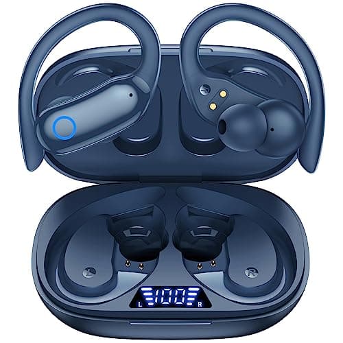 GNMN Ear Buds Wireless Earbuds 96hrs Playback Bluetooth Headphones IPX7 Waterproof Stereo Bass Over-Ear Earphones with Earhooks Microphone LED Battery Display for Sports/Workout/Gym/Running Black