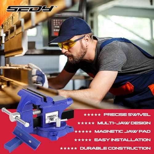 Heavy Duty Bench Vise 4.5 Inch: Table Clamp Woodworking Vice Press Drill Tools Workbench Wood Metal Pipe Work Shop Block Swivel Slide Cross Welding Machine Kit Milling Grip Precision Magnetic Jaw Pad 8
