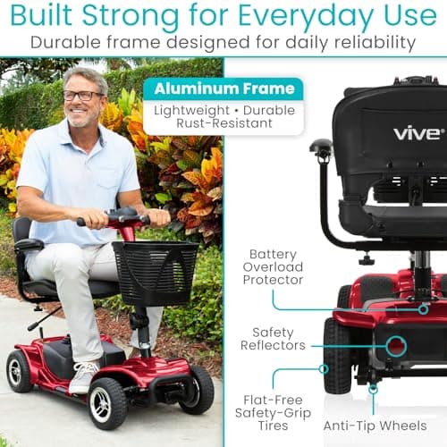 Vive 4 Wheel Mobility Scooter - Electric Powered Wheelchair Device - Compact Heavy Duty Mobile for Travel, Adults, Elderly - Long Range Power Extended Battery with Charger & Basket 8