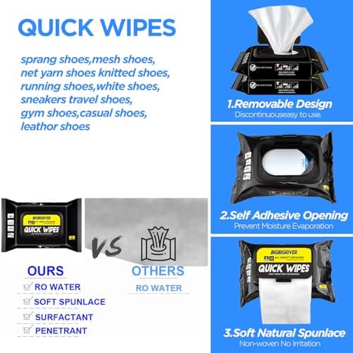 BIGBIGRIVER Shoe wipes 2 Pack 60 Pcs Sneaker Wipes Cleaner Quick Wipes Travel Portable Removes Dirt, Stains 6
