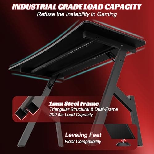 HLDIRECT 55 Inch Gaming Desk, Large Computer Desk Gaming Table with Cable Management, Ergonomic Carbon Fiber Gamer Table Pc Work Home Office Desks with Cup Holder & Headphone Hook & Mouse Pad, Black 5