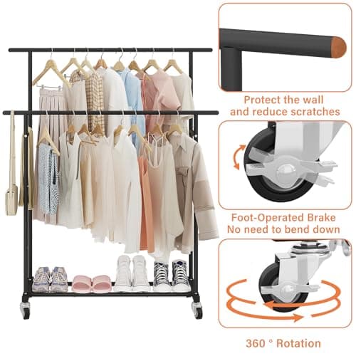 Calmootey Double Rod Clothing Garment Rack,Rolling Hanging Clothes Rack,Portable Clothes Organizer for Bedroom,Living Room,Clothing Store,Black 8