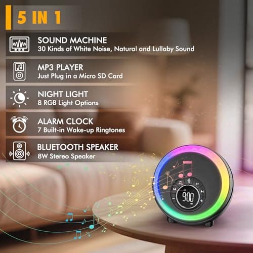 Night Light Bluetooth Speaker Alarm Clock, Portable Sound Machine with White Noise, Touch Bedside Lamp for Bedroom, Dimmable Warm Light, RGB Color Changing, Best Gifts for Teenage Boys Girls 2