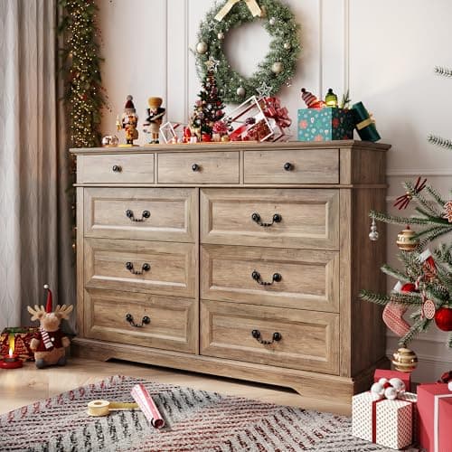 LINSY HOME 9 Drawers Dresser for Bedroom, Wide Wood Chest of Drawers with Metal Handle, Farmhouse Tall Drawer Organizer for Bedroom, Closet, Living Room, Hallway and Entryway, Rustic Oak