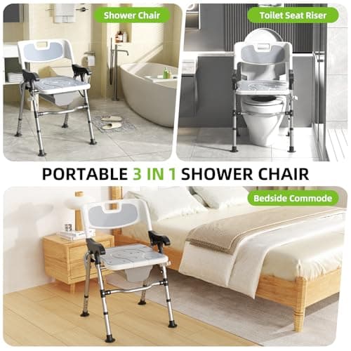 3-in-1 Shower Chair for Seniors, Foldable Bedside Commode, Height Adjustable Raised Toilet Seat with Removable Bucket, Padded Arms & Back Support for Elderly, Adults, 400 lbs Capacity (White) 7