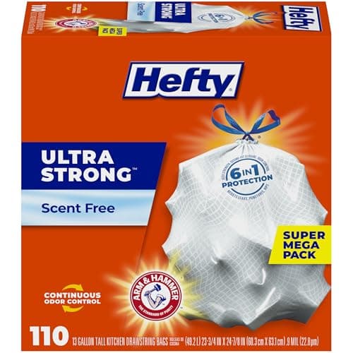 Hefty Ultra Strong Trash Bags, Tall Kitchen 13 Gallon Size, Drawstring Closure, Continuous Odor Control, White, Unscented, 110 Bags