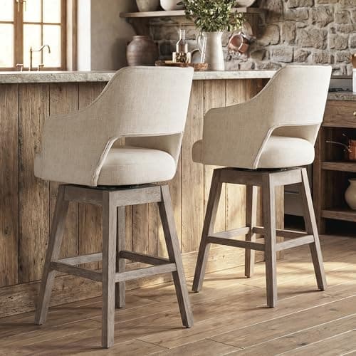 DM Furniture 27 inch Counter Height Bar Stools Set of 2 for Kitchen Island, Linen Fabric 360°Swivel Barstools with Back and Wood Legs Upholstered Stool Chairs for Home/Breakfast Bar, Beige
