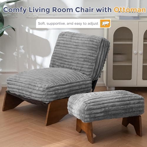 MAXYOYO Modern Adjustable Accent Chair with Ottoman, Upholstered Living Room Chair with Footrest Set, Soft Reclining Lounge for Bedroom, Apartment, Office, Grey 9