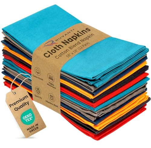 Ruvanti Cloth Napkins Set of 12, 18x18 Inches Napkins Cloth Washable, Soft, Durable, Absorbent, Cotton Blend. Table Dinner Napkins Cloth for Hotel, Christmas, Dinner, Parties - Multi Color