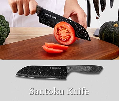 Dockorio all in one Kitchen Knife Set with Block, 19 PCS High Carbon Stainless Steel Sharp Serrated Steak Knives Set, Chef Knives, Bread Knife, Scissor, Sharpener, 6