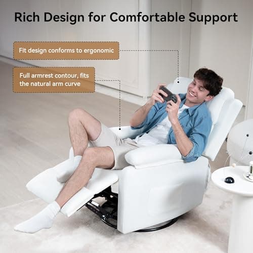 Swivel Rocker Recliner Chair with Adjustable Backrest and Footrest, Ultra-Comfy Fabric Reclining Chair, Glider Recliner with Lumbar Support & Overstuffed Arms, Chairs for Living Room (White) 5