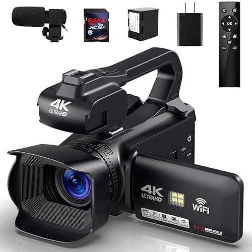 4K Video Camera Camcorder, 64MP 60FPS 18X Digital Zoom Auto Focus Vlogging Camera for YouTube, HD WiFi Video Camera with 4500mAh Battery, SD Card, Stabilizer, Mic, Remote Control and Charger