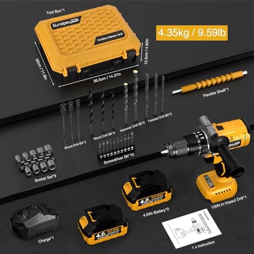 SundpeyPRO 21V Cordless Hammer Drill - 1060In·lbs Brushless Drill Set with 2 x 4.0Ah Battery - 20+3 Torque Battery Drills 2150RPM Power Drills 1/2" Chuck Electric Drill for Drilling Wood Bricks Metal 7
