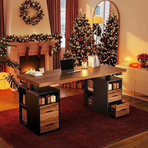 HUANUO 55" Standing Desk with Drawers, Executive Electric Height Adjustable Stand Up Desk with Storage, Computer Workstation for Home Office, Black Walnut