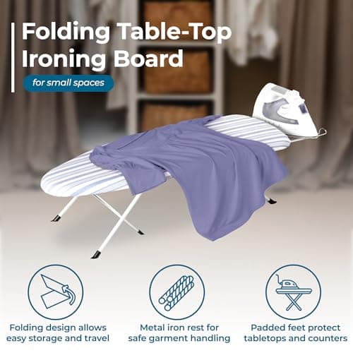 Honey-Can-Do Folding Tabletop Ironing Board with Iron Rest, Blue, 32” L x 12” W, Steel Frame 7
